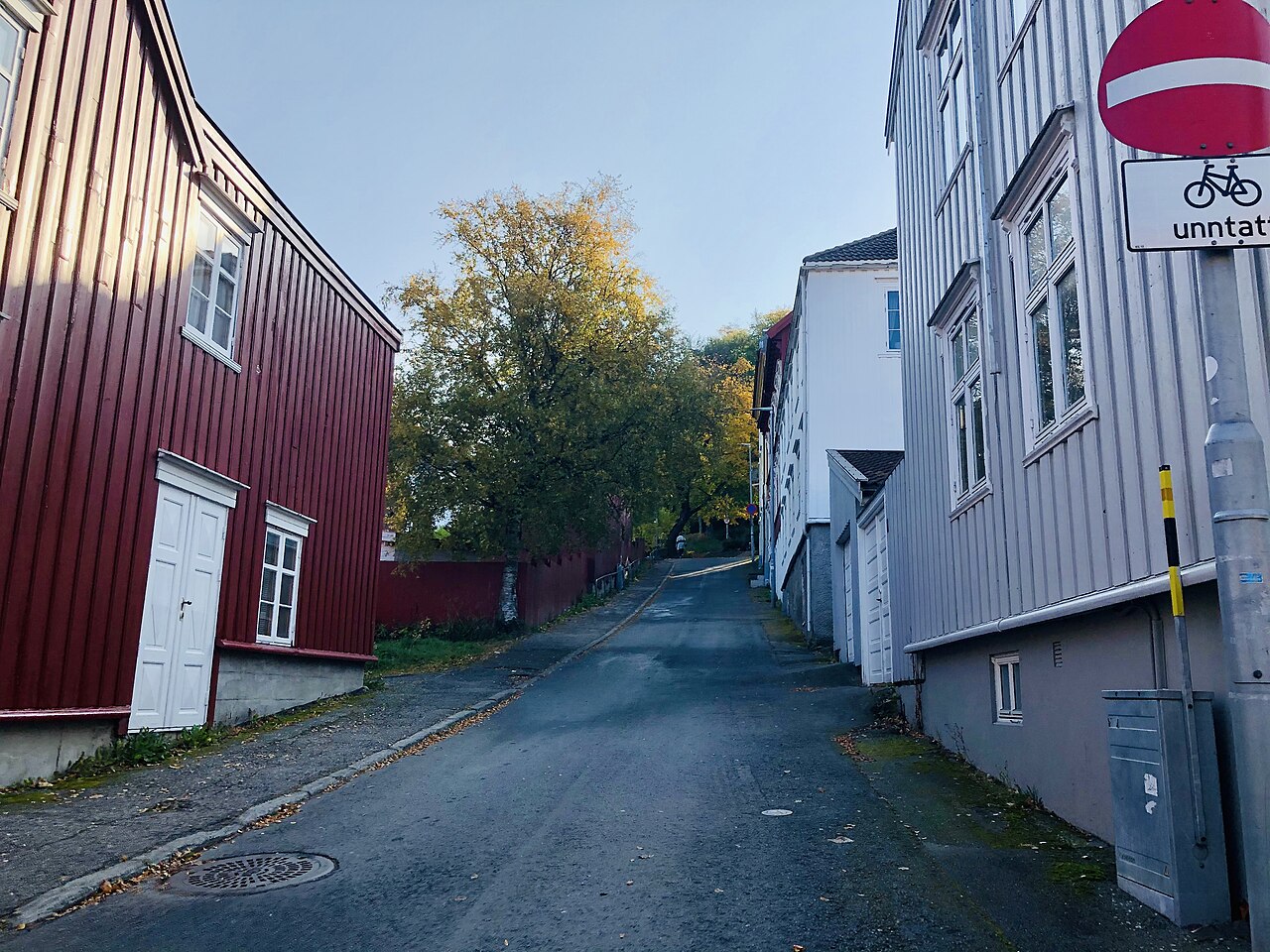 Bakkegata historic wharf street viewed from Nedre Møllenberg gate in Trondheim
